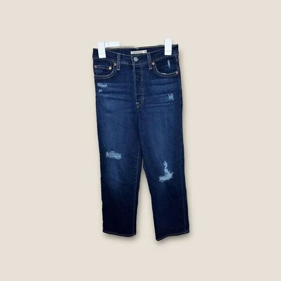 Levi's Women's 26 Ribcage Straight Ankle Denim Jeans Dark Distressed Button Fly - Picture 2 of 7